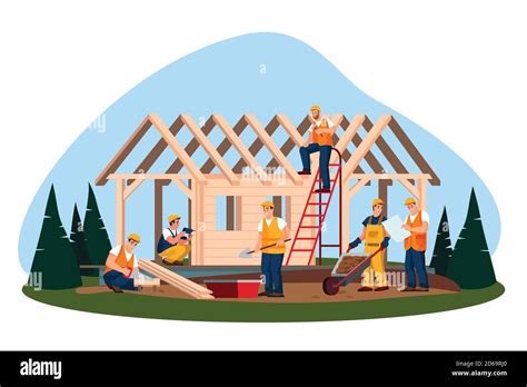 Wooden Eco House Construction Process Vector Flat Cartoon Illustration