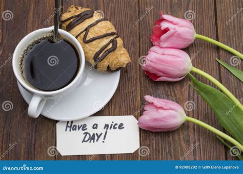 Cup Of Coffee Tulips Have A Nice Day Massage Stock Photo Image Of