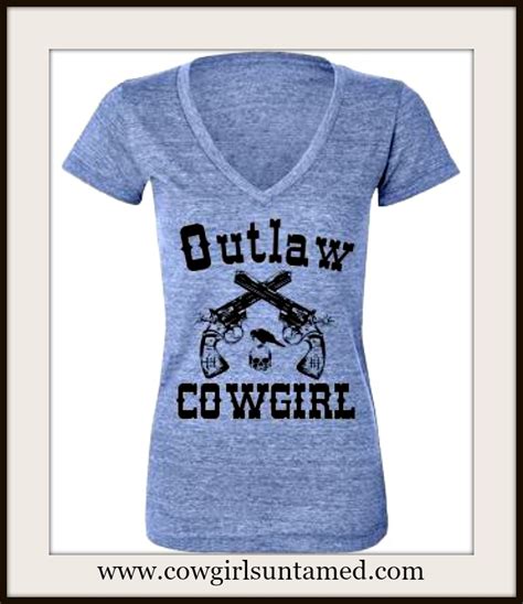 Cowgirl Attitude Outlaw Cowgirl With Sixshooter N Skull With Crow Short Sleeve V Neck Blue