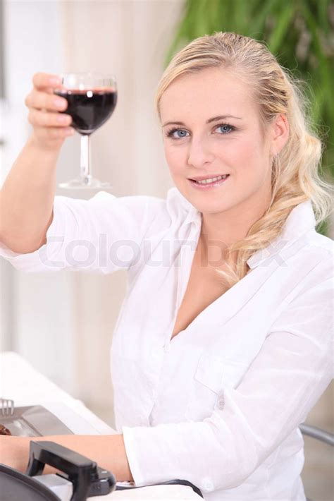 Blonde Woman Drinking Red Wine Stock Image Colourbox