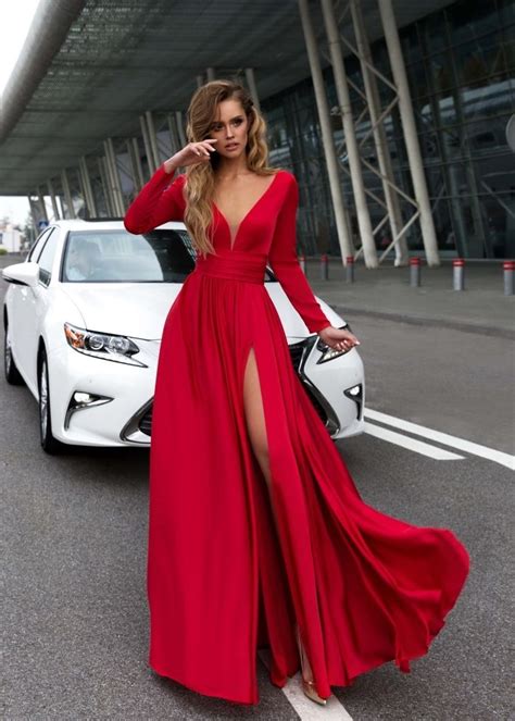 Sexy Long Red Mermaid Evening Dresses Deep V Neck Sleeves Prom Party Gown Hot Custom Made Robe
