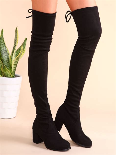 Black Suede Tie Back Chunky Heel Thigh High Boots Thigh High Chunky