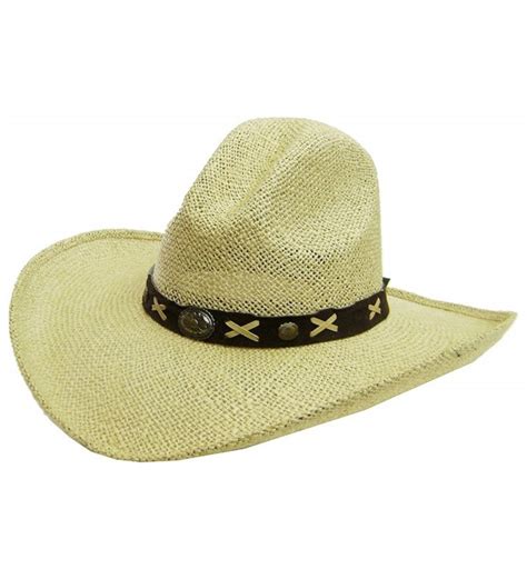 This men cowboy hat constructed of paper straw or polypropylene straw, the cowboy straw hat features a curved up hat brim and you can choose it with or without belt as hat band decorated around the hat. Unisex Large Brim Straw Cowboy Hat Tan CF121ZJ2AHV