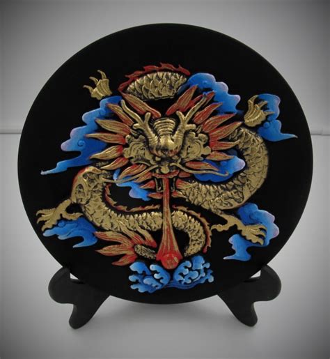 Chinese Dragon Fireball Motif Painted Carving On Charcoal Stone
