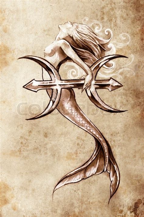 Mermaids are one of the most disputed mythical creatures. Tattoo art, sketch of a mermaid, pisces ... | Stock image ...