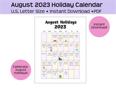 August 2023 Printable Holiday Calendar Fun And Wacky Etsy
