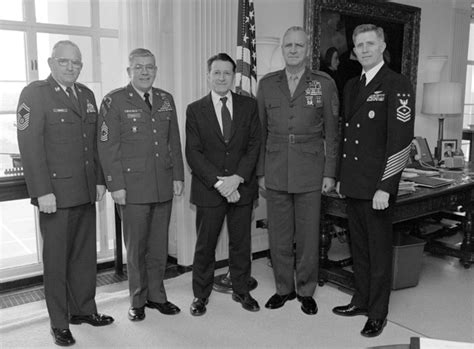 Secretary Of Defense Caspar Weinberger In Group Photo Of Senior Ncos Of