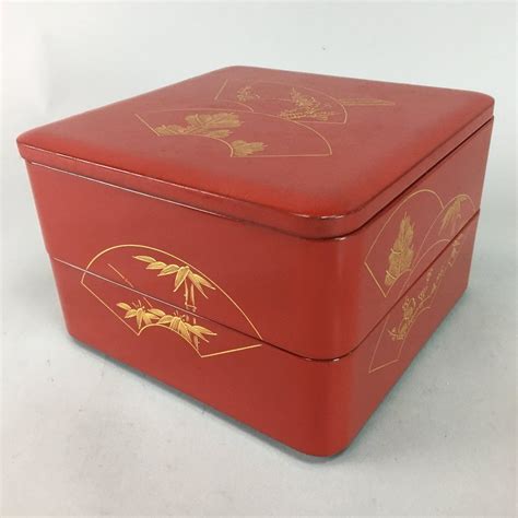 Vtg Japanese Lacquer Bento Lunch Box 2 Tiered Wood Red Jubako Gold Jb38