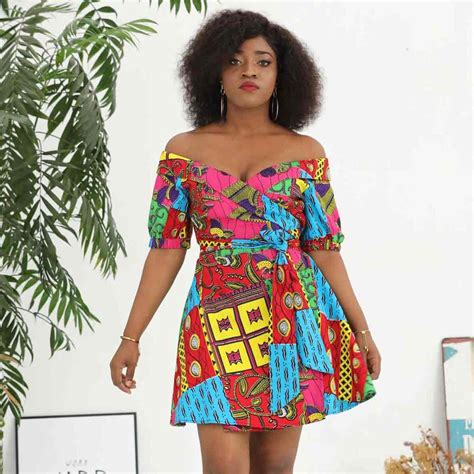 China African Kitenge Dress Designs Off Shoulder Cotton Short Women