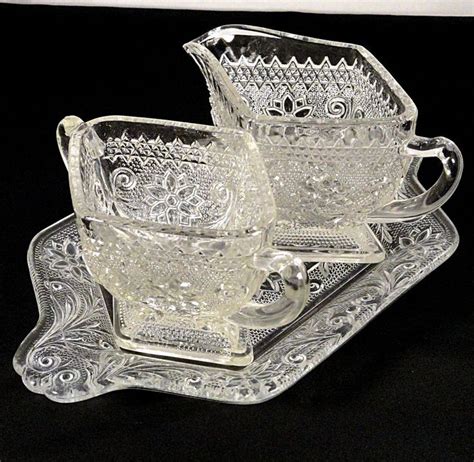 Vintage Indiana Sandwich Glass Pattern 170 Crystal Creamer And Sugar On Tray Fancy Glassware