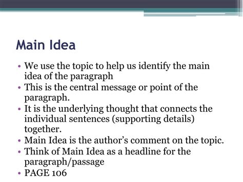 Read the passage again, this time underlining the central idea and supporting details. PPT - Topics, Main Ideas and Topic Sentences PowerPoint Presentation, free download - ID:6601371