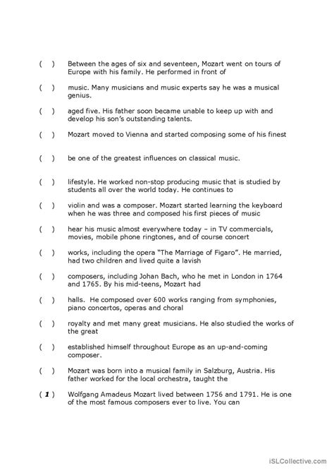 Mozart Multiple Test Reading For Det English Esl Worksheets Pdf Doc