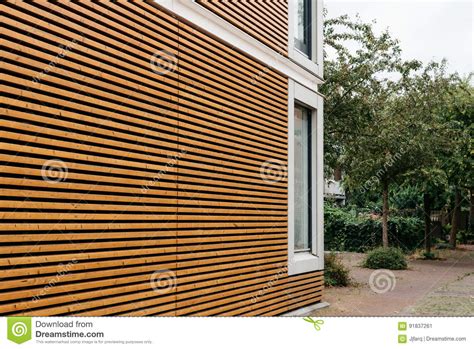 Modern Architecture Facade With Lining Of Wood Slats Stock
