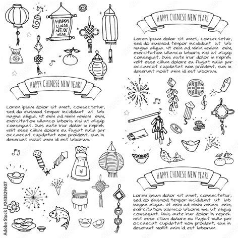 Hand Drawn Doodle Happy Chinese New Year Icons Set Vector Illustration