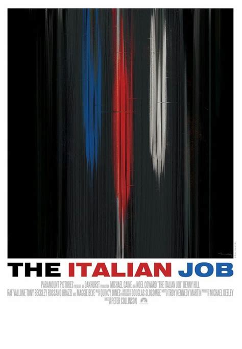 The Italian Job Movie Poster With Two Blue And Red Arrows On Black Background One Is In