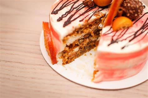 Close Up Delicious Creamy Cake With Chocolate Orange Slices Cinnamon
