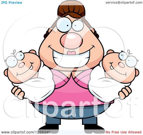 Clipart Of A Happy Caucasian Mother Holding Twin Babies Royalty Free