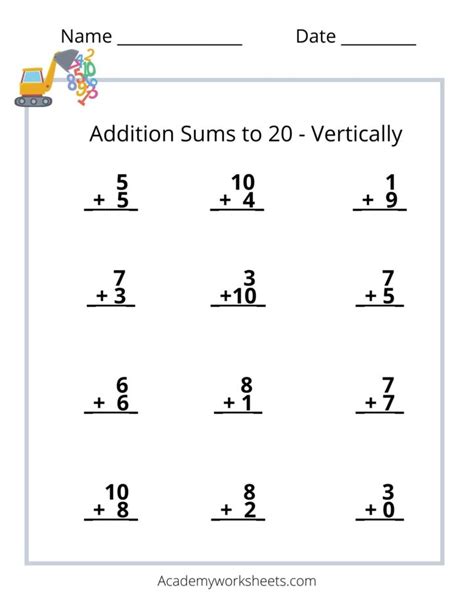 Vertical Addition Sums To 20 Academy Worksheets Addition Worksheets