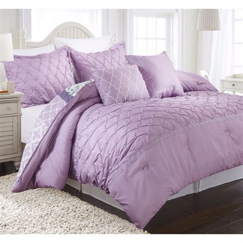 Twin Full Queen Lavender Purple Pintuck Pleat Floral 5 Pc Comforter Set