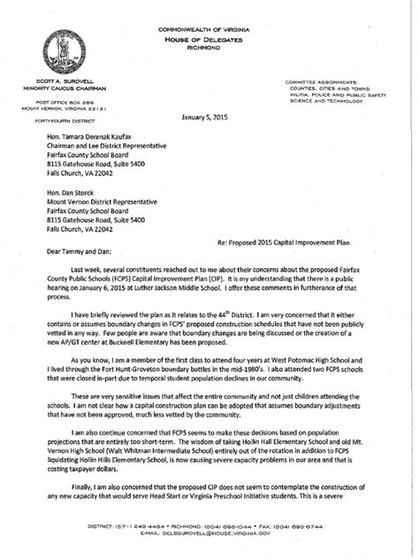 Delegate Scott Surovell Letter Regarding 2015 Fcps School Boundary Cip