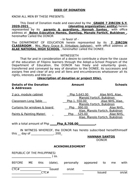 Deed Of Donation Deed Of Donation For Brigada Eskwela Deed Of