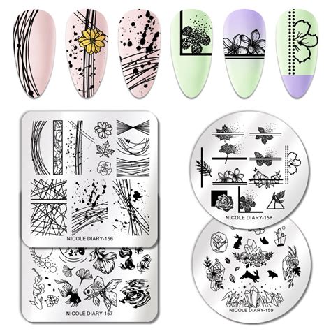 Nicole Diary Nail Stamping Plates Rectangle Geometric Line Flower