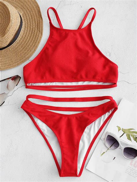Buy Swimwear Women 2018 Ribbed Y Back Cut Out Bikini Set Swimsuit Wire Free
