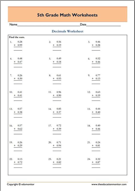Fifth Grade Math Worksheets Pdf Free Downloads Edumonitor