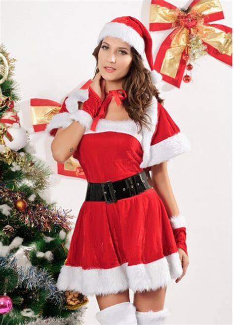 Festival Velvet Santa Christmas Costumes Sexy Girls Red Dressglovessanta Hatfaux Leather Belt