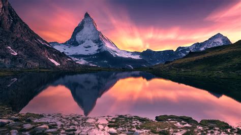 Wallpaper Matterhorn Beautiful Sunset Landscape Mountain Lake Water