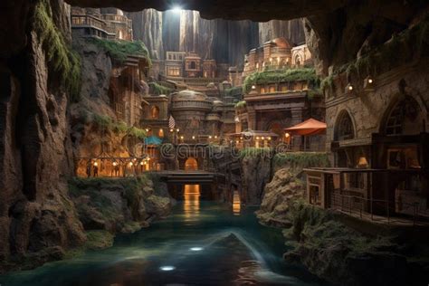 Underground City With River And Rooms Fantasy Of Lost Cave Town