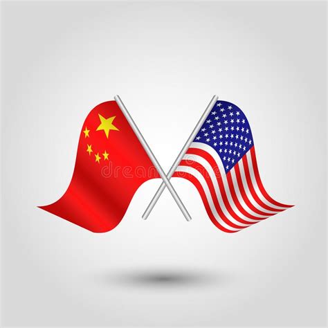 Vector Two Crossed American Chinese Flags On Silver Sticks Symbol Of