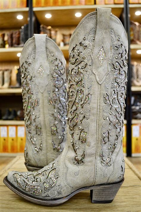 Corral Ladies White Glitter Inlay And Crystals Square Toe Wedding Boot