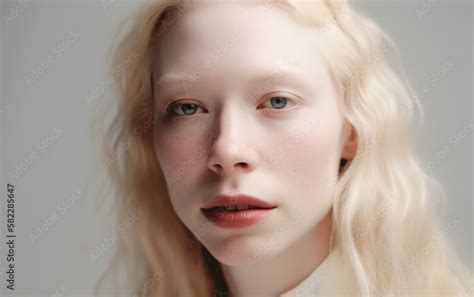 albino girl with pale white skin natural lips and white hair photo face on a light background
