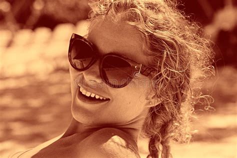 Blonde Girl Sunbathing On Beach Stock Photo Image Of Happy Girl