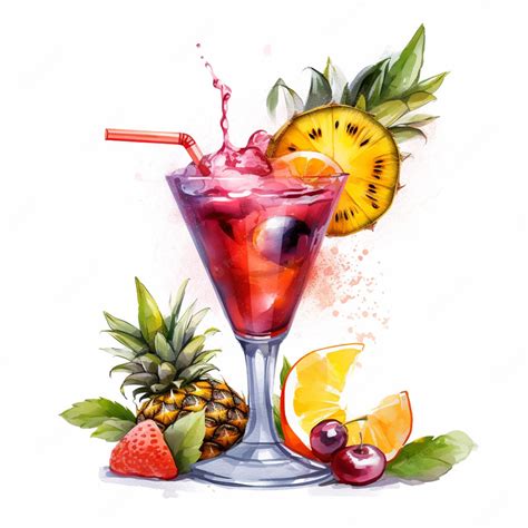 Premium Photo A Watercolor Painting Of A Fruit Cocktail With A Straw