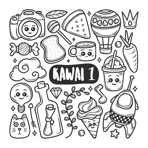Kawaii Icons Hand Drawn Doodle Coloring Premium Vector