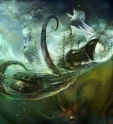The Kracken Takes Down A Pirate Ship Sea Monsters Art Kraken