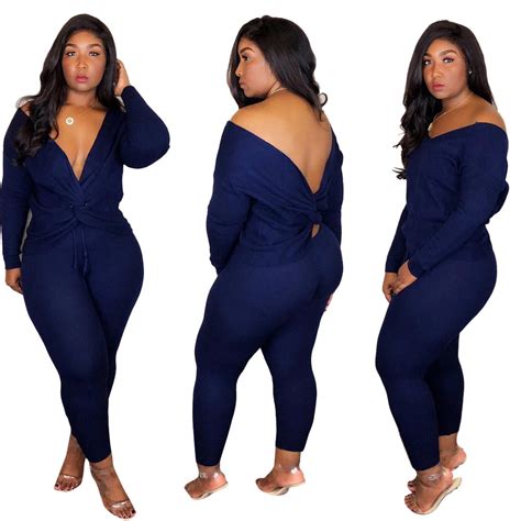 Women Plus Size Bodysuit Two Pieces Knitted Long Sleeve Rompers Women