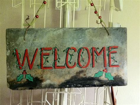 Welcome Sign On Slate Christmas Themed With Holly Winter Signs