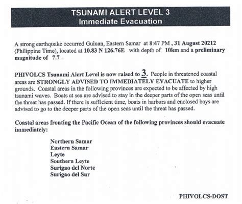 1 m (+1 m to account for uncertainties in the dtm) watch level varies. PHIVOLCS issues Tsunami Alert Warning level 3!