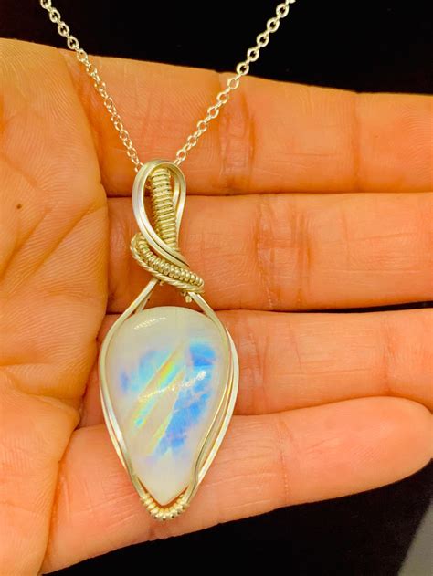 Rainbow Moonstone Necklace Moonstone Pendant Silver Etsy