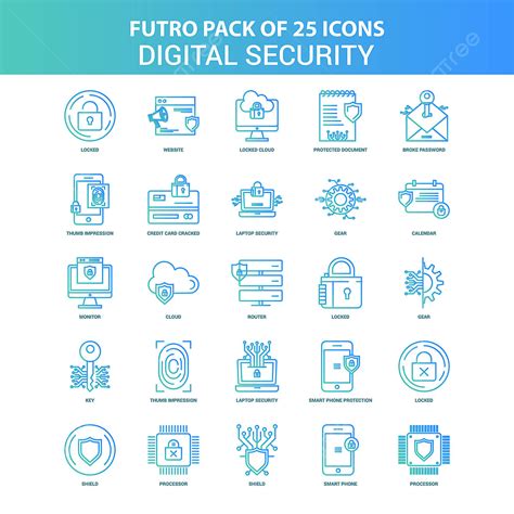 25 Paquete De Iconos De Seguridad Digital Futuro Verde Y Azul Png