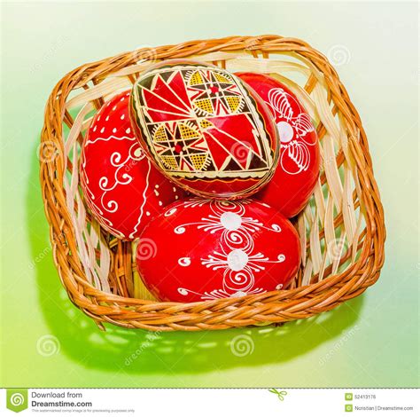 Colored Painted Romanian Traditional Easter Eggs In A