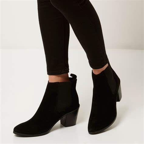River Island Black Suede Mid Heel Ankle Boots Lyst