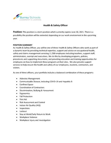 Job Opportunity Health And Safety Officer Surrey Schools Bc