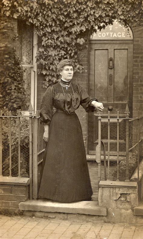 Victorian Or Edwardian Black And White Photo Of Lady Outside Her Ivy Clad Terrace House And