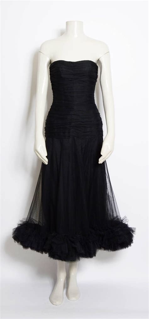 Christian Dior Vintage Black Tulle Silk Ruched Bustier Dress 1950s