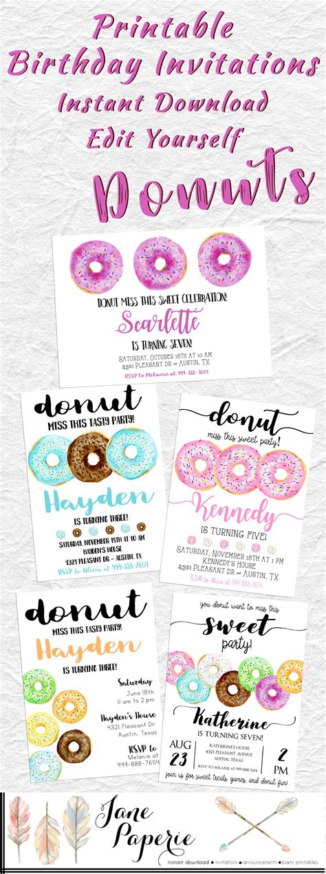 Editable Printable Birthday Party Invitations For Donut Inspired Party
