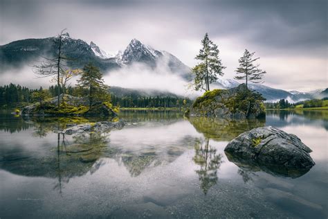Landscape Photography Of Lake Near Foggy Mountain Mountains Reflection Nature Trees Hd